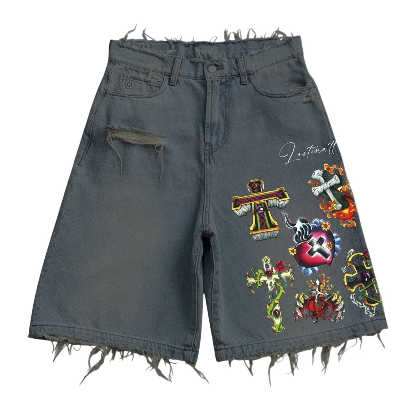 “Jesus Tatto” Jean Shorts