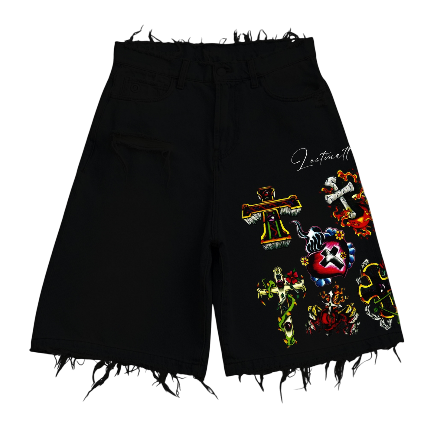 “Jesus Tatto” Jean Shorts